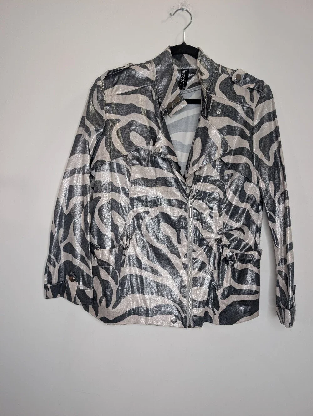 Berek Metallic Zebra Print Utility Moto Jacket Size Small Silver Black